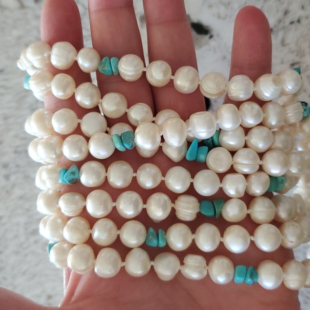 Long Freshwater Pearl and Turquoise Necklace